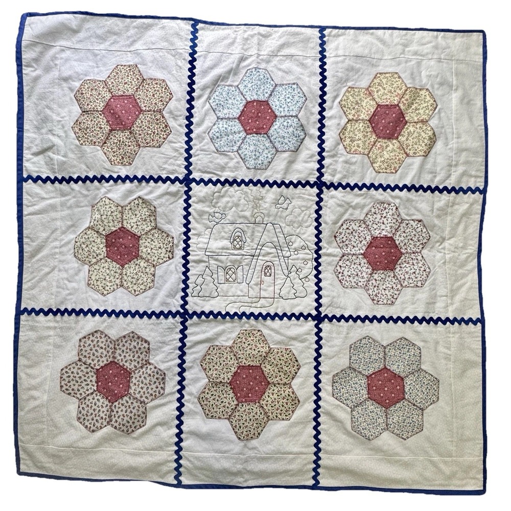 Quilt Handmade Patchwork Honeycomb Flowers Embroidery House 42" X 42" Cottage